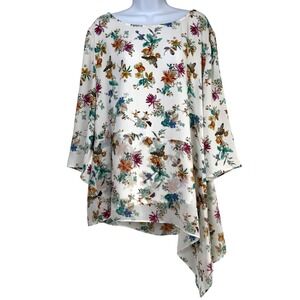 Chicos Floral Asymmetrical Tunic Top Sz 4 Plus Size 20-22 White Butterfly Boho